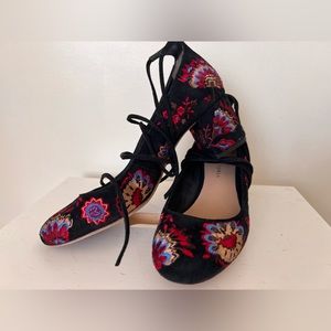 Loeffler Randall black colorful embroidered ballet heel, ankle wrap size 7